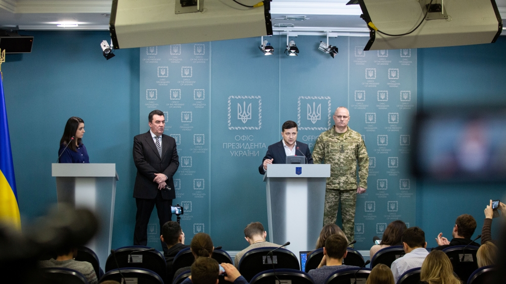 Ukrainian President Volodymyr Zelenskiy speaks during a news conference in Kiev