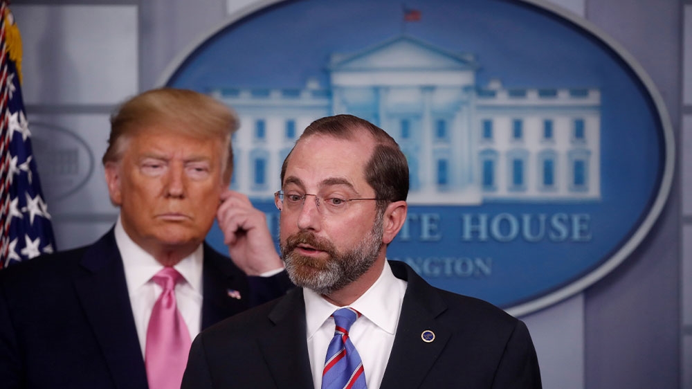 US Health and Human Services Secretary Alex Azar speaking during a news conference on the coronavirus pandemic in the White House in Washington, DC