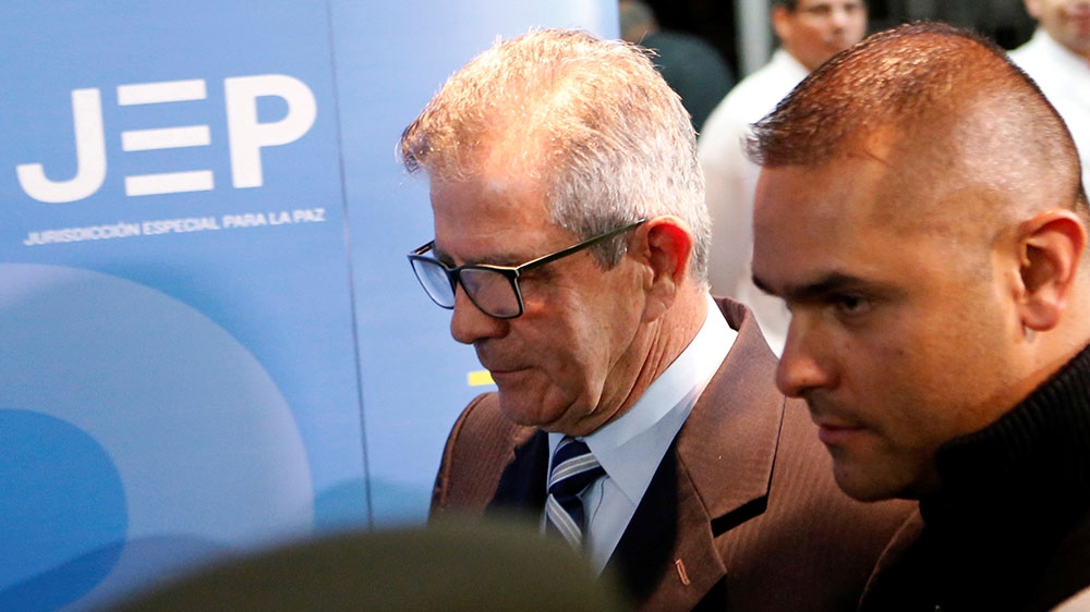 Former commander of the Colombian Army General Mario Montoya leaves a hearing at the Special Jurisdiction for Peace (JEP) court in Bogota, Colombia