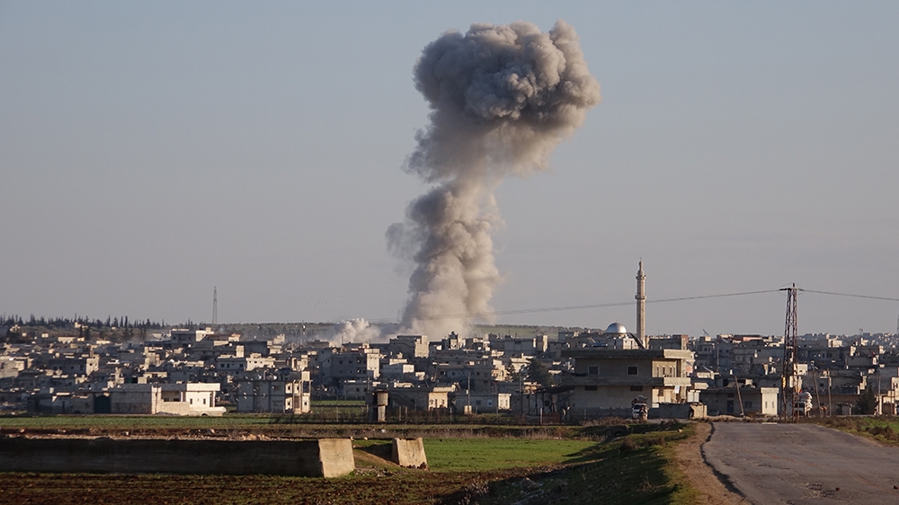 FEBRUARY 9: Smoke rises after Russian and Syrian regime forces carried out airstrikes in northwestern Syria’s Idlib de-escalation zone, killing at least 17 civilians, on February 9, 2020. The White He