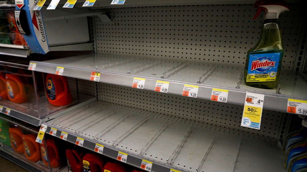 Empty shelves that usually contain cleaning products in a store in New York City in the United States