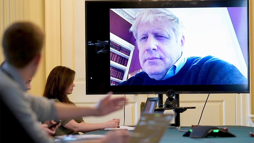 In this handout photo provided by Number 10 Downing Street, Britain''s Prime Minister Boris Johnson chairs the morning Covid-19 Meeting remotely after self isolating after testing positive for the coro