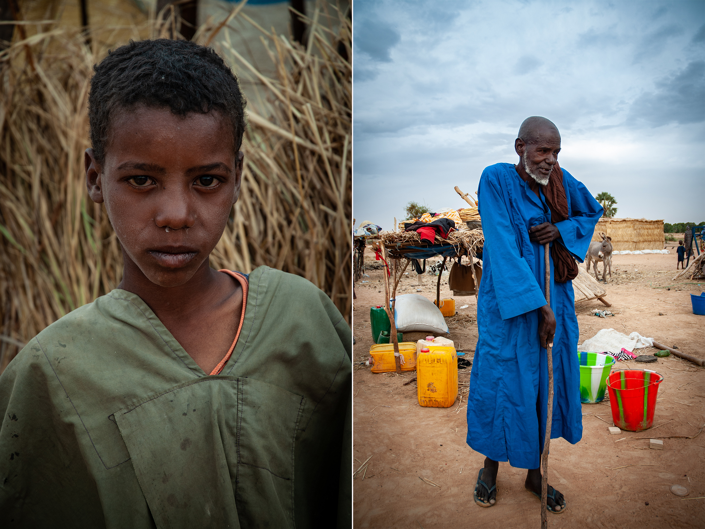 Djan Diagahate, left, watched a group of gunmen storm his village in central Mali and burn it to the ground; Amadou Diagahate, right, is worried for his grandson who has been out of school for a year