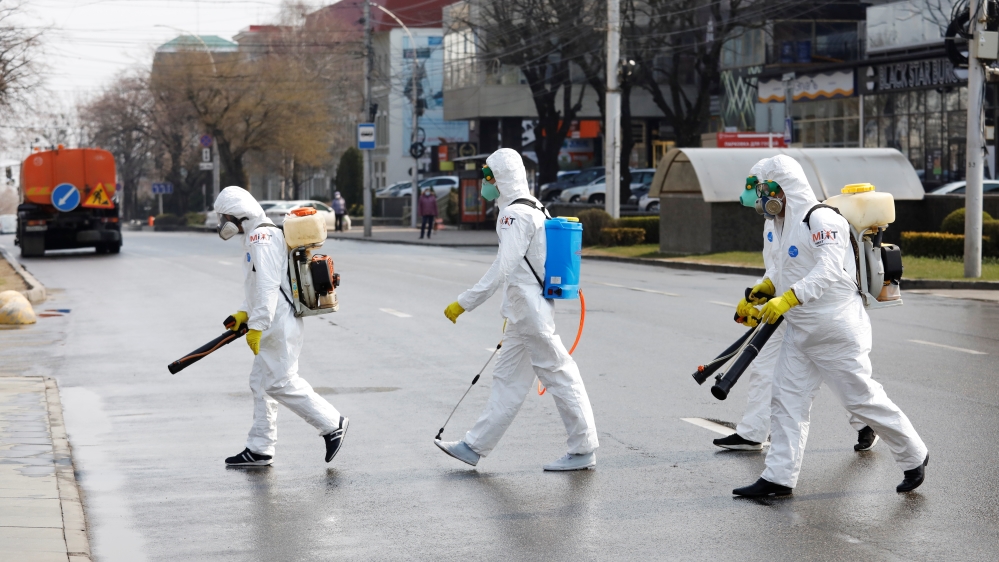 Specialists sanitize public facilities to prevent the spread of coronavirus disease in Stavropol