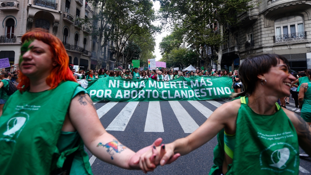 Abortion rights activists holding a banner that reads ‘No more death for clandestine abortion’ during a demonstration as part of national strike after International Women’s Day on March 9, 2020, in Buenos Aires, Argentina.