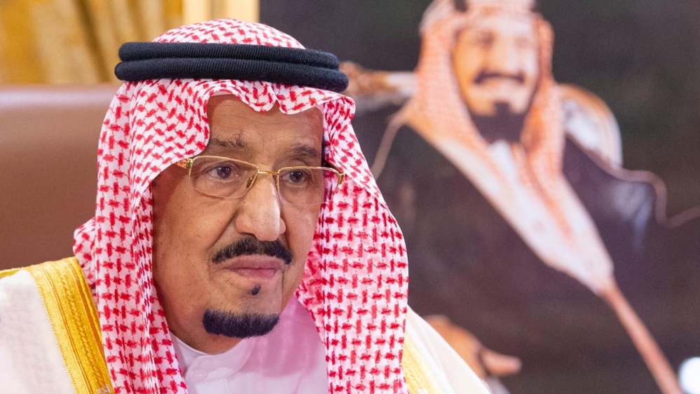 Saudi King Salman bin Abdulaziz delivers a televised speech regarding the outbreak of the coronavirus disease (COVID-19), in Riyadh