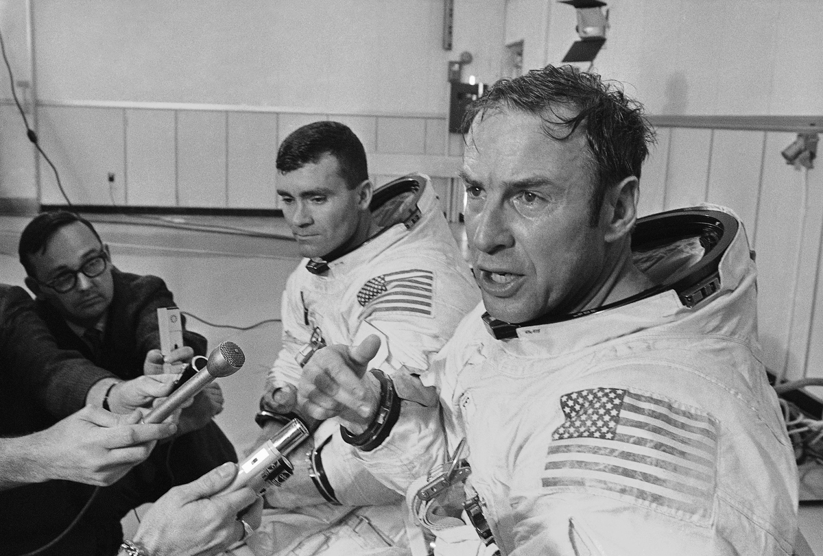 Apollo 13 commander James A. Lovell Jr., is shown during a press conference before the space craft blasted off on its ill-fated journey to the moon, April 11, 1970. With the mission aborted, the astro