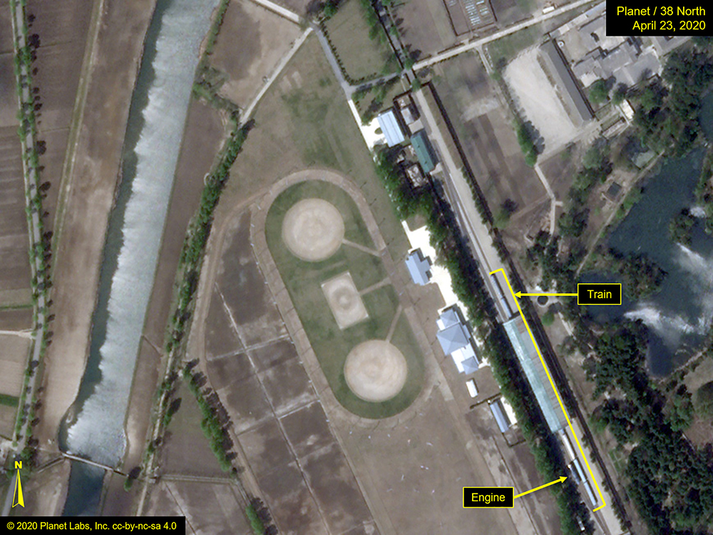 What is described by Washington-based North Korea monitoring project 38 North as a special train possibly belonging to North Korean leader Kim Jong Un is seen in a satellite image with graphics  taken