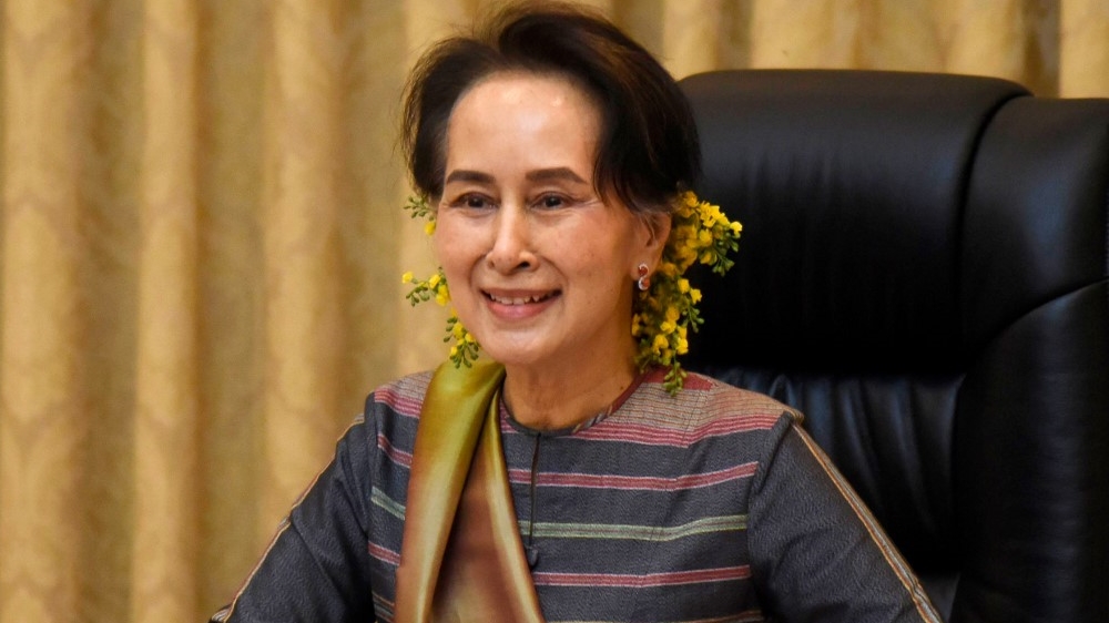 Myanmar’s State Counsellor Aung San Suu Kyi talks to government officials from the Yangon region via a video conference from the presidential house in Naypyidaw