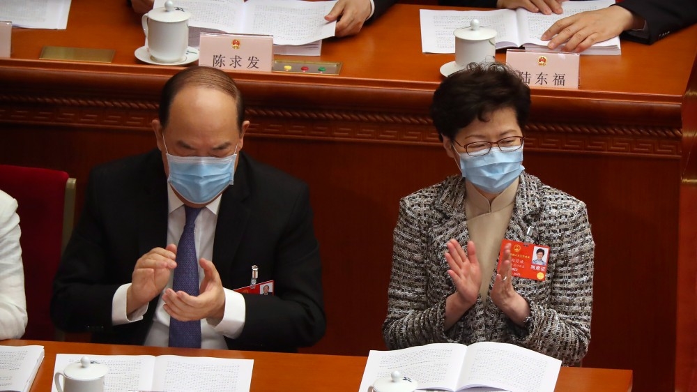 Hong Kong Chief Executive Carrie Lam at the opening session of China’s National People’s Congress (NPC) in Beijing which will discuss the imposition of a new national security law in the semi-autonomous city