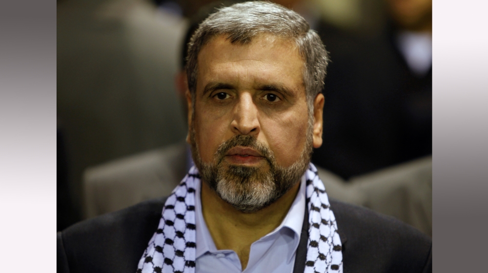 Ramadan Shallah, head of the militant Islamic Jihad group, attends a rally to mark the 23rd anniversary of the foundation of his group, held at a Palestinian refugee camp near Damascus, Syria November
