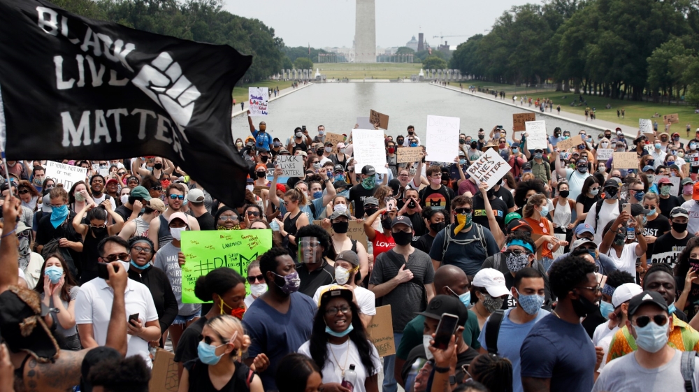 Demonstrators protest at the Lincoln Memorial in Washington, DC