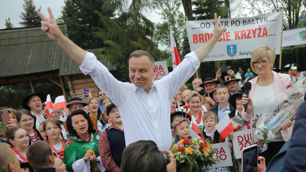 Polish President Andrzej Duda at an election rally in Zakopane, Poland. Poles head to the polls for a national election on Sunday [Reuters]