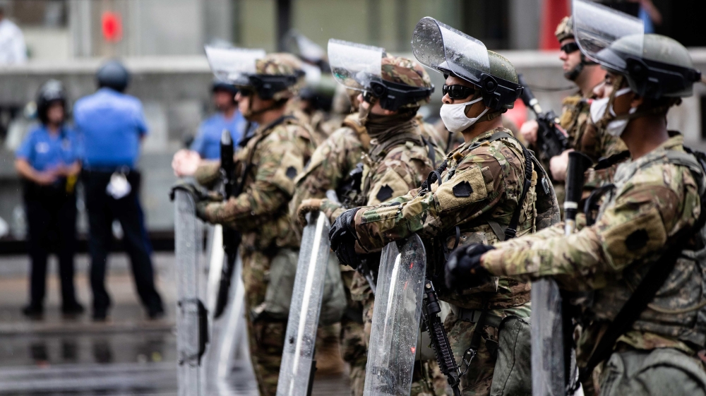 Pennsylvania National Guard and police standing guard in Philadelphia, on Wednesday, June 3, 2020