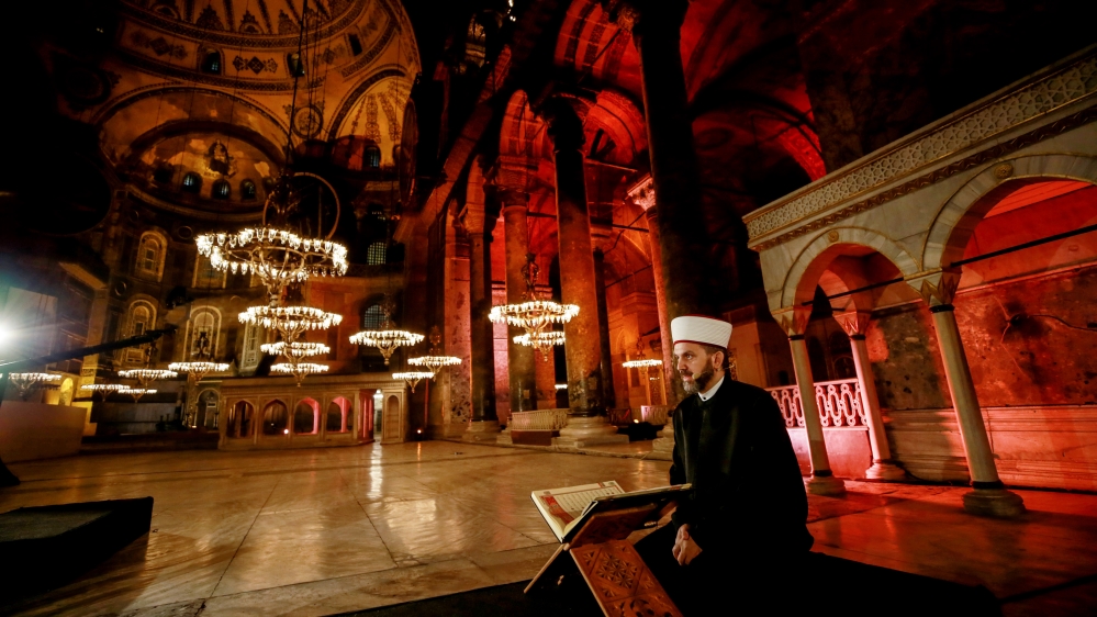 President Erdogan appeared on a large screen in the Haiga Sophia to deliver a virtual speech as part of the 567th anniversary celebrations of the conquest of Istanbul