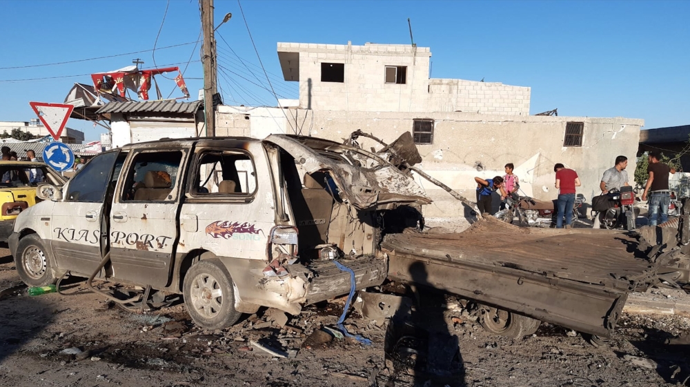 Bomb attack kills 4 civilians in Syria''s Azez - - AZEZ, SYRIA - JULY 19: A view of damaged site after a terror attack with a bomb-laden vehicle exploded in Siccu village of Azez, Syria on July 19, 202