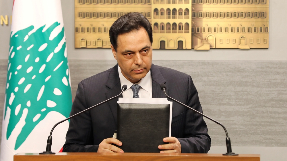 Lebanon''s Prime Minister Hassan Diab speaks during a televised address to the the nation at the governmental palace in Beirut, Lebanon March 7, 2020. To match Special Report LEBANON-CRISIS/POWER Dalat