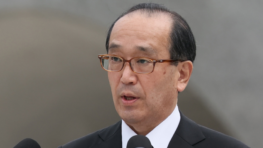 Hiroshima Mayor Kazumi Matsui delivers a speech during the 75th-anniversary memorial service for atomic bomb victims at the Peace Memorial Park in Hiroshima on August 6, 2020 [Jiji Press via AFP]