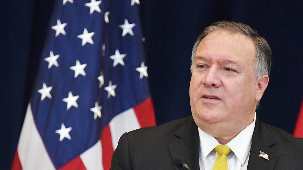 US Secretary of State Michael Pompeo speaks during a press conference with Iraq''s Foreign Minister Fuad Hussein at the State Department in Washington, DC on August 19, 2020. MANDEL NGAN / AFP