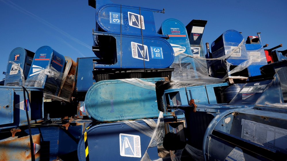 United States Postal Service postboxes or mailboxes stacked in Hartford, Wisconsin, the US; people who live nearby say the pile had grown noticeably larger in recent weeks