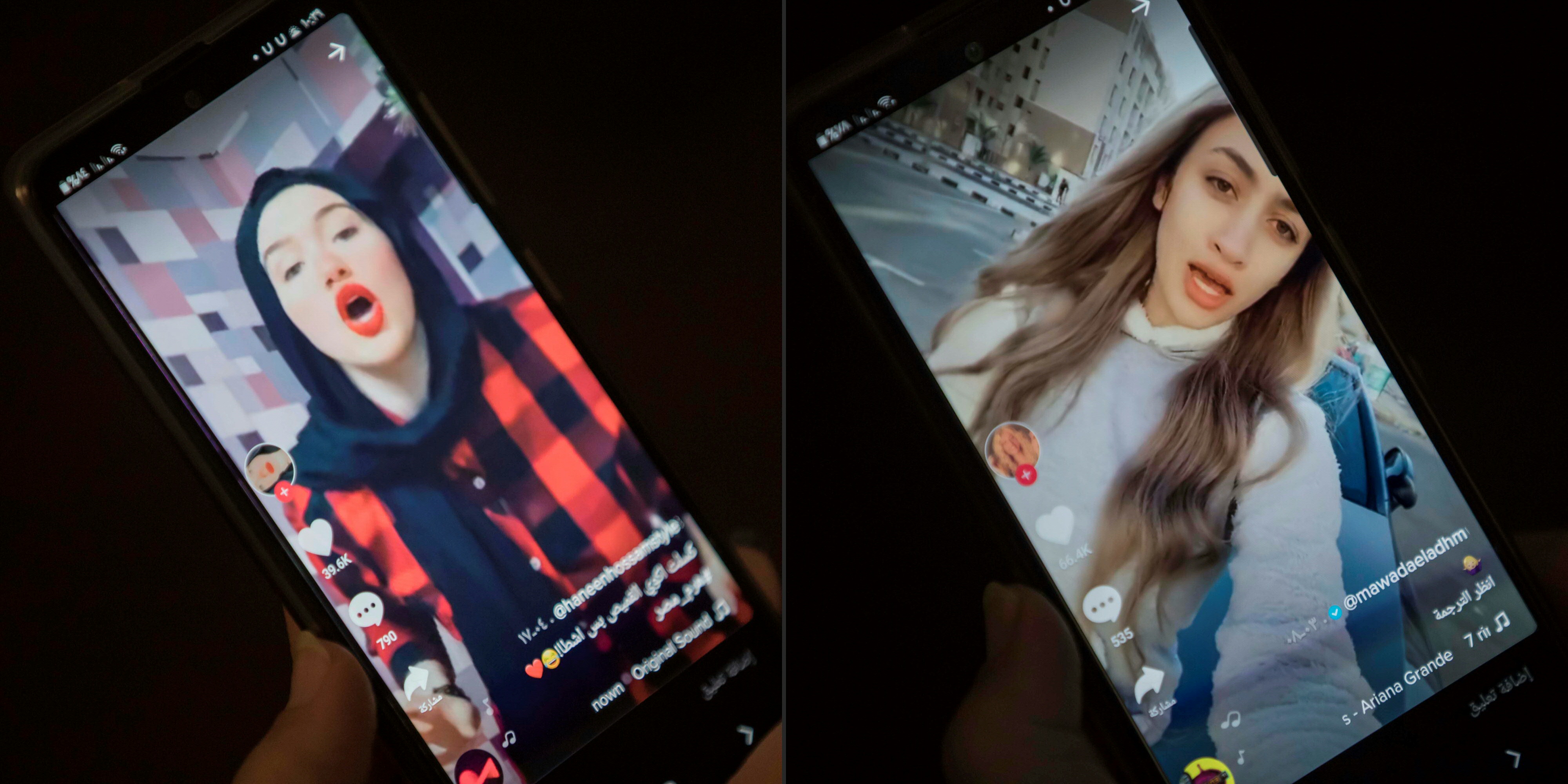 Egyptian influencers Haneen Hossam and Mowada al-Adham were sentenced to two years in prison on charges of violating public morals on the video-sharing app TikTok [AFP/Khaled Desouki]