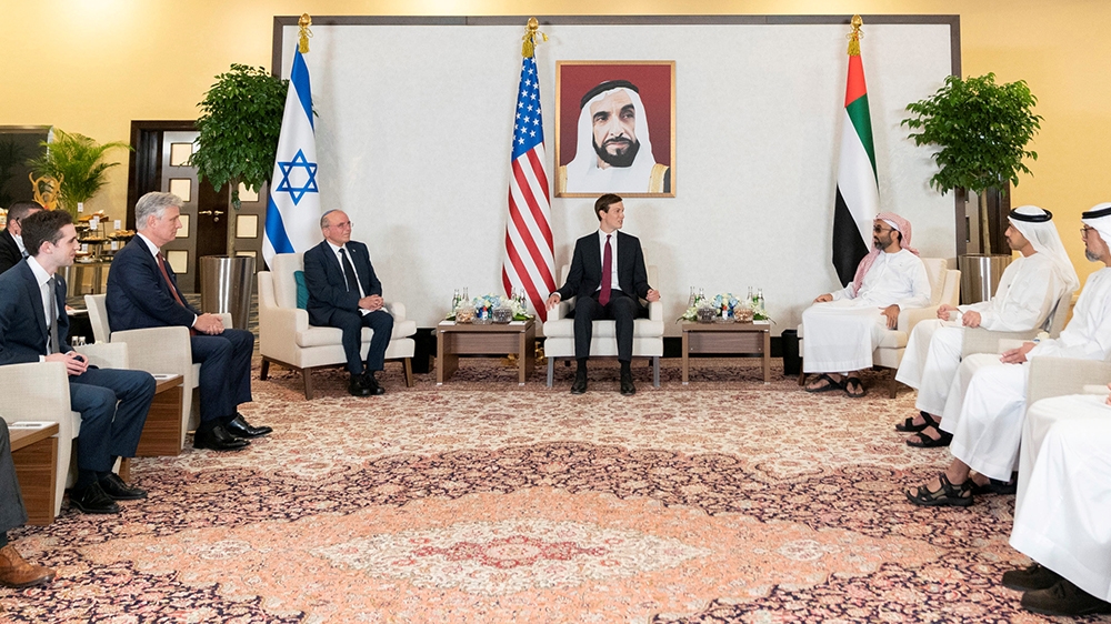 Israeli National Security Advisor Meir Ben-Shabbat, U.S. President''s senior adviser Jared Kushner, U.S. National Security Advisor Robert O''Brien and UAE''s National Security Adviser Sheikh Tahnoun bin