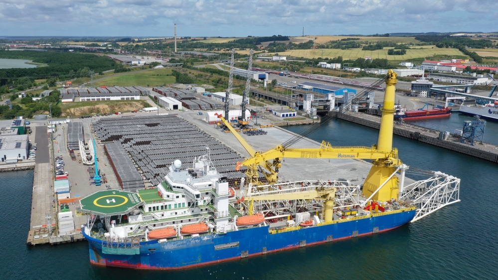 The Russian pipe-laying vessel Akademik Cherskiy lies in the port of Mukran