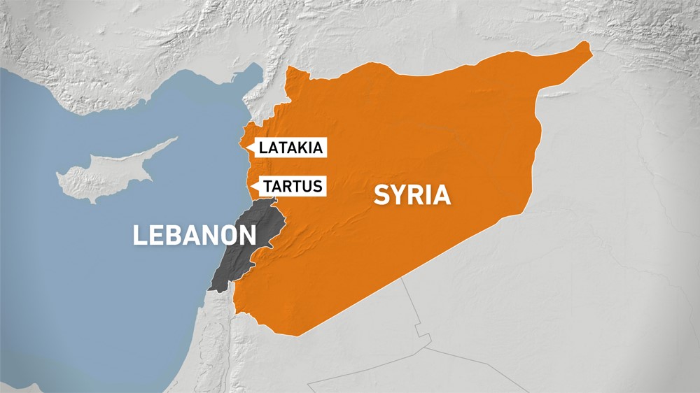 A map marking the city of Tartus, in Syria, and Lebanon