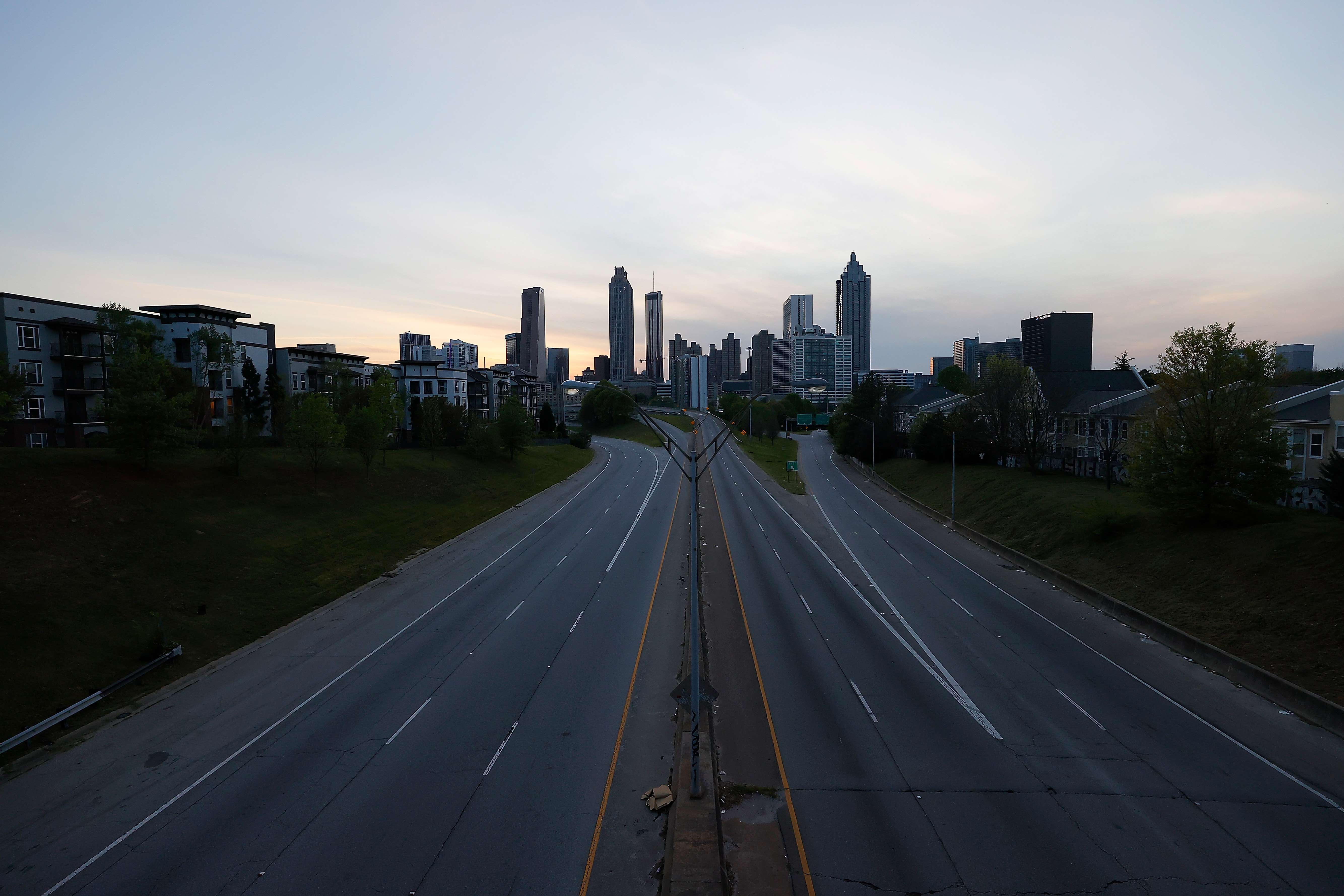 A view of an empty John Lewis Freedom Parkway into downtown Atlanta from Jackson Street Bridge in April 2020 in Atlanta, Georgia