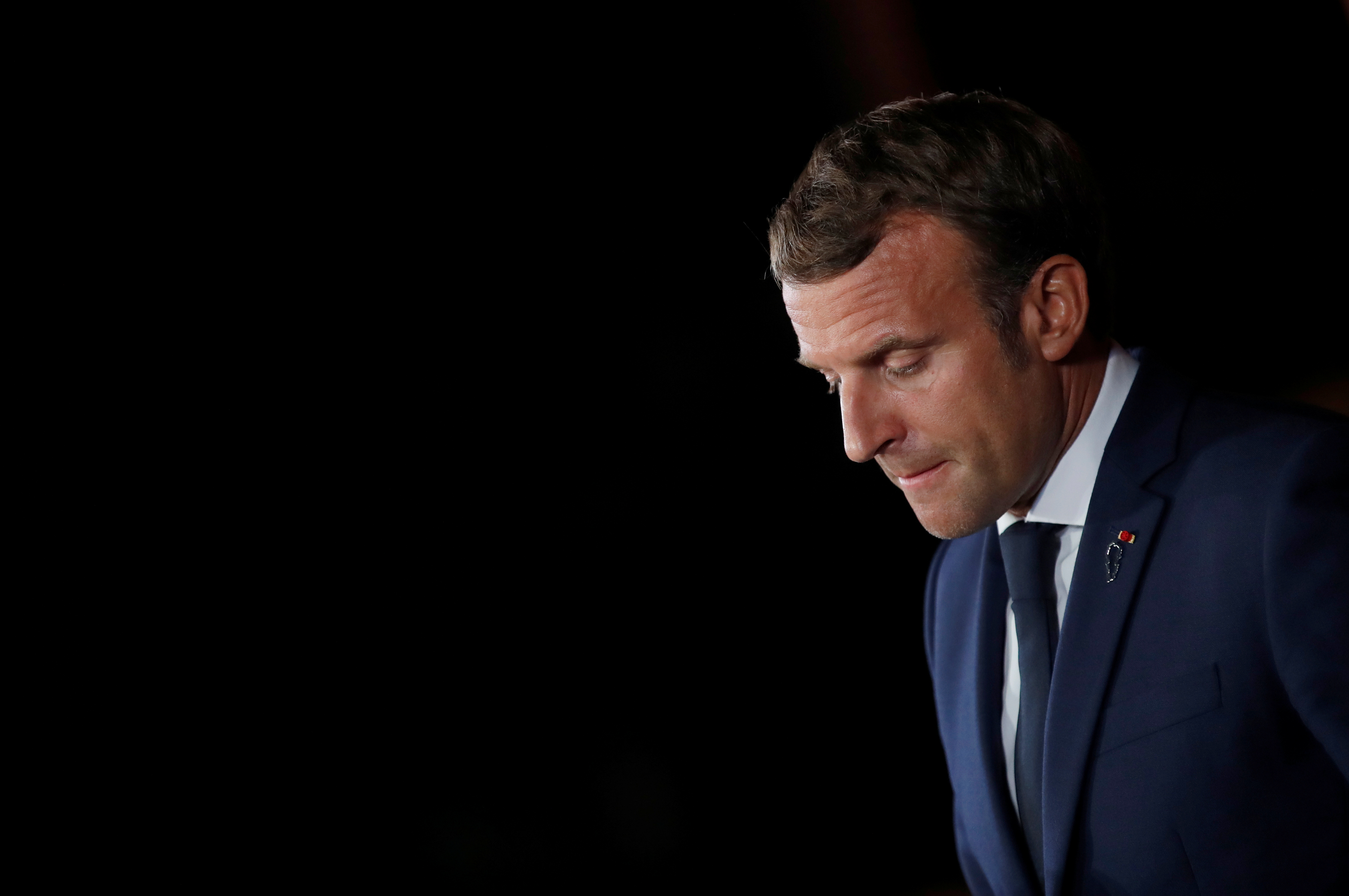 French President Emmanuel Macron looks on as he attends a news conference at the Pine Residence, the official residence of the French ambassador to Lebanon, in Beirut [Gonzalo Fuentes/EPA-EFE/Pool]