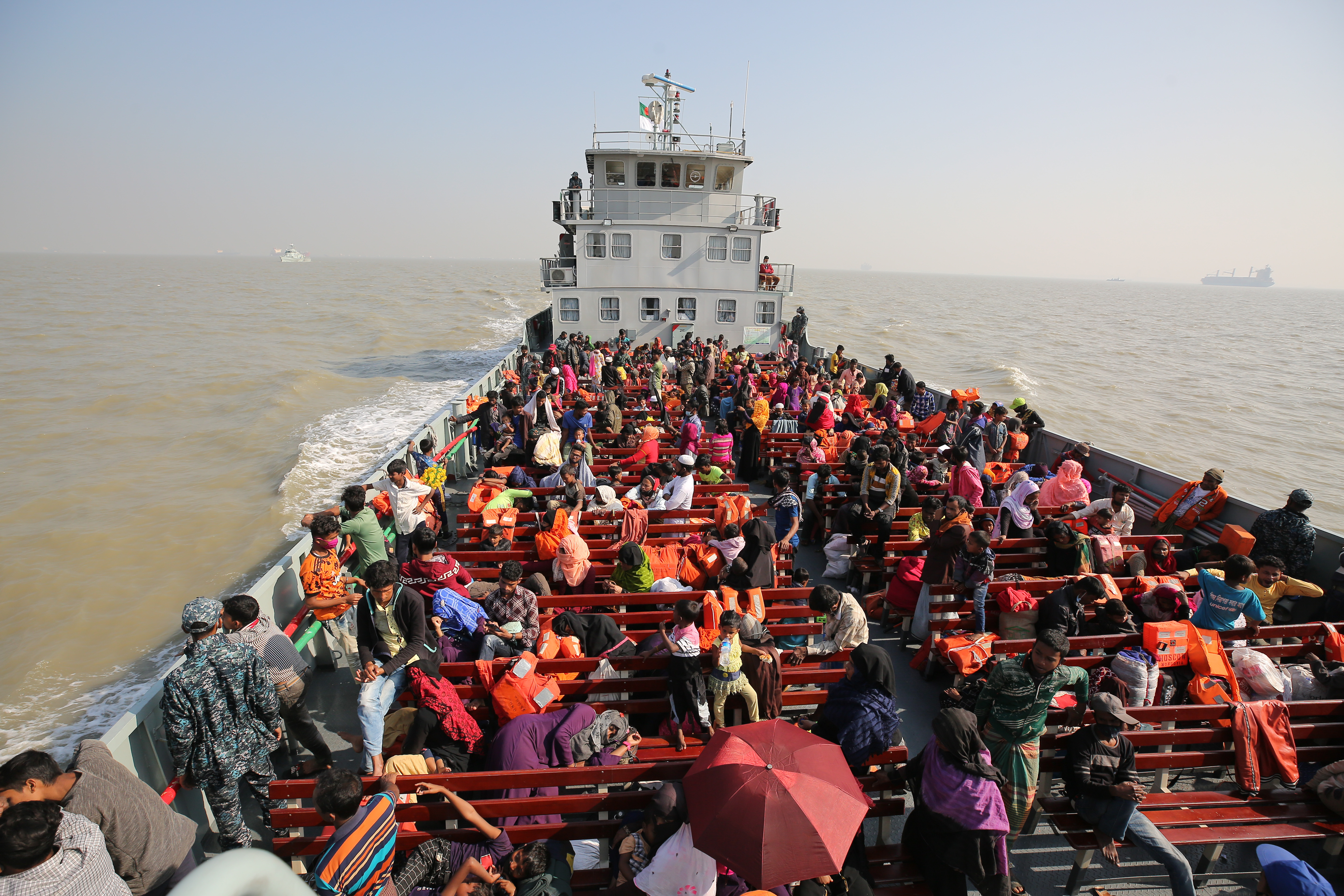 A navy vessel in the Bay of Bengal, carrying Rohingya refugees to Bhasan Char island