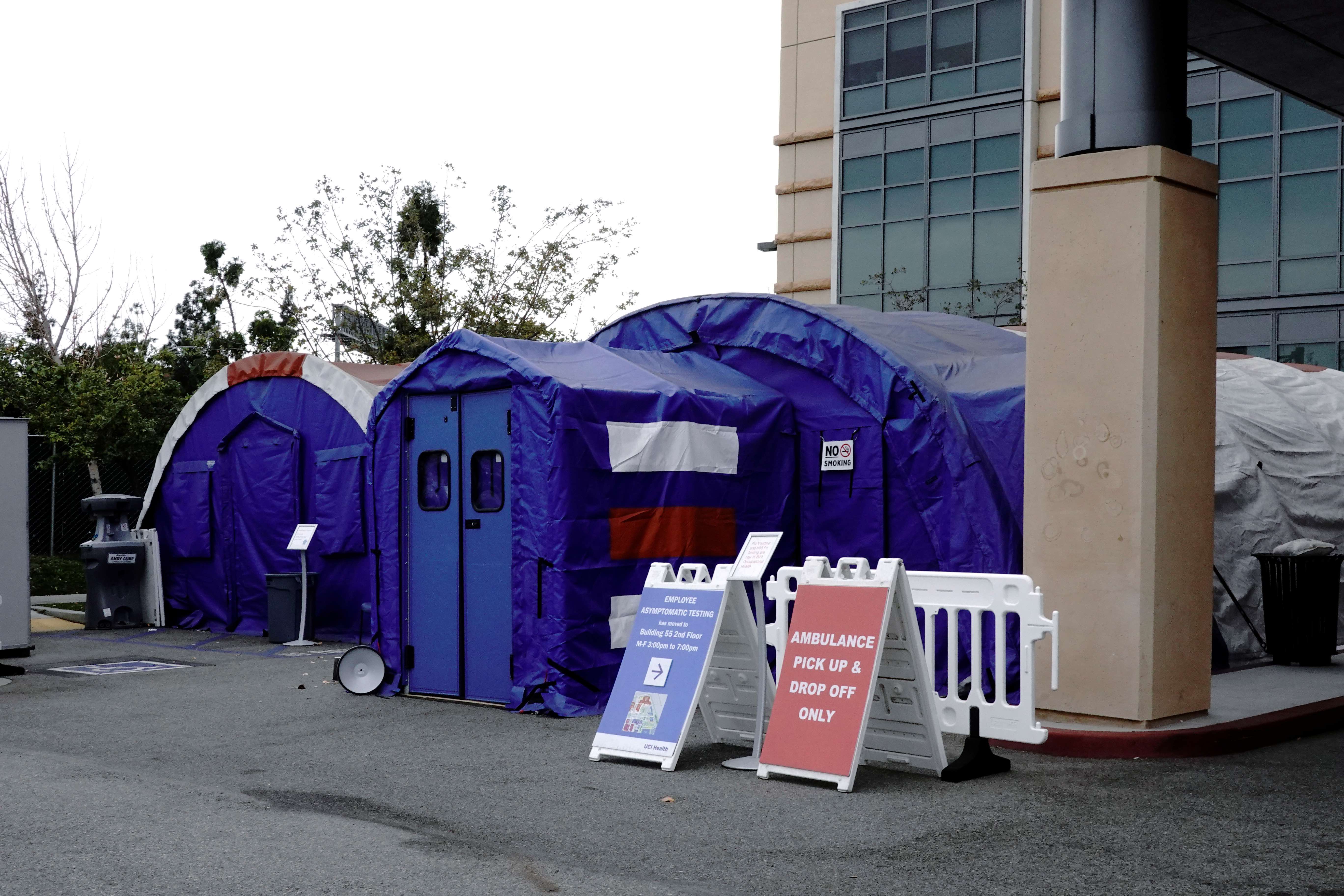Surge tents for COVID-19 patients are seen outside the University of California, Irvine Medical Center in Orange, California