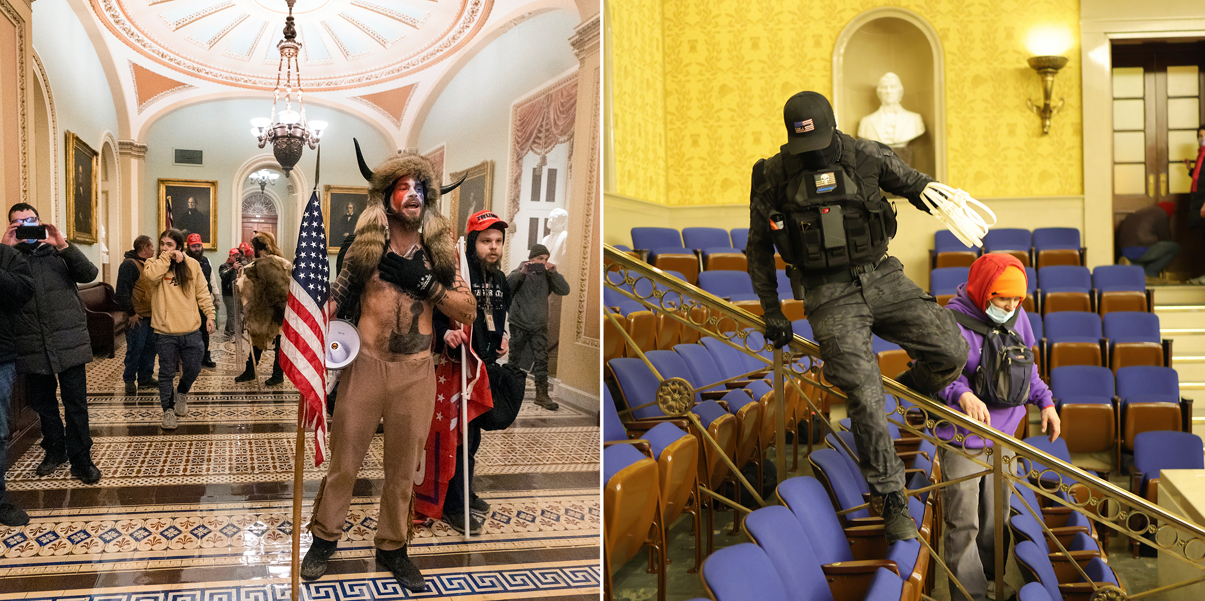 On the left, QAnon supporter Jacob Anthony Chansley is confronted by Capitol Police officers outside the Senate chamber on January 6 [File: Manuel Balce Ceneta/AP Photo]. On the right, insurrectionist Eric Munchel is seen in the Senate chamber holding flex cuffs