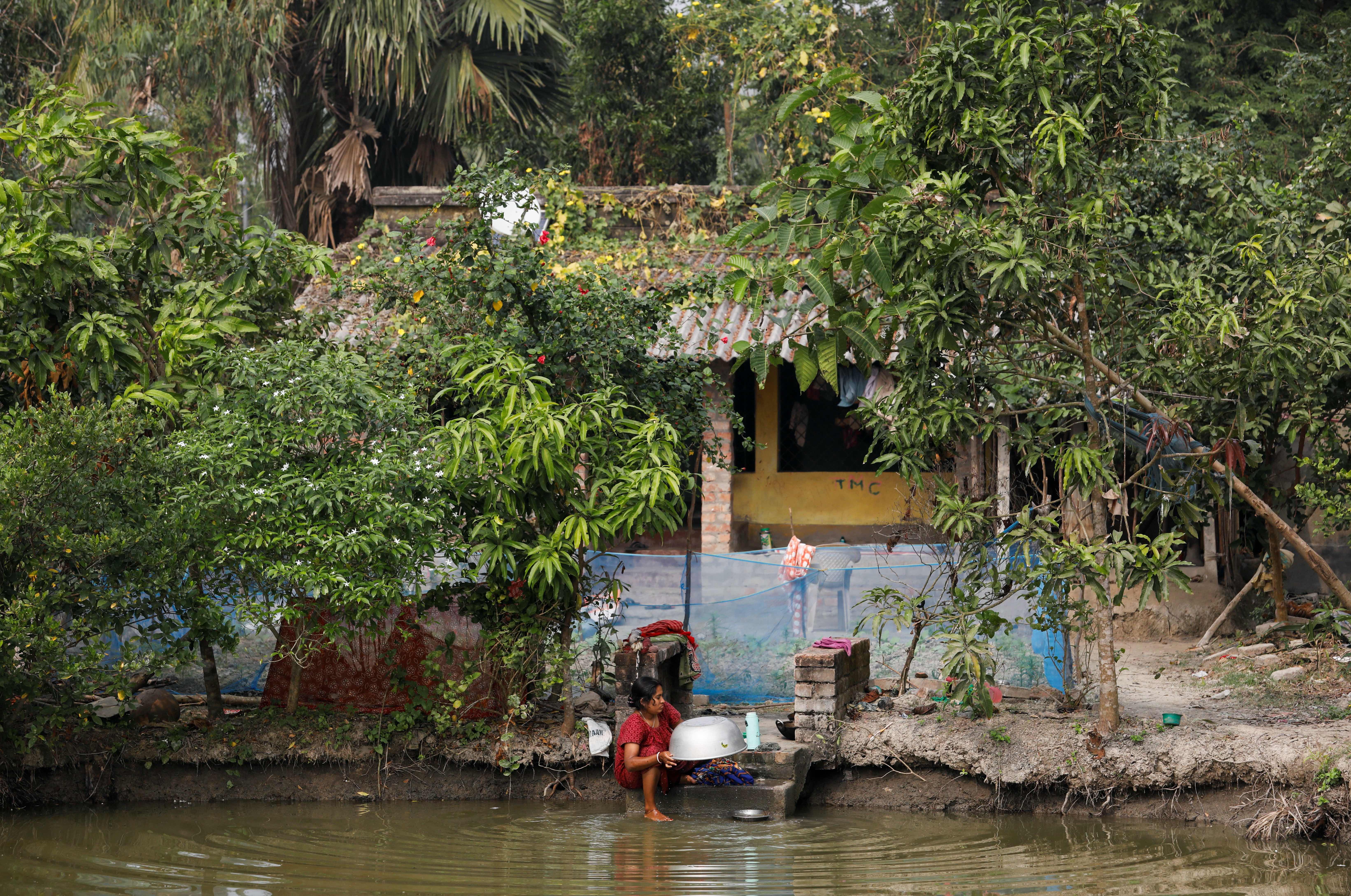 A woman washes utensils in a pond outside her home on the island of Satjelia in the Sundarbans, India, where people are forced into forests by climate change
