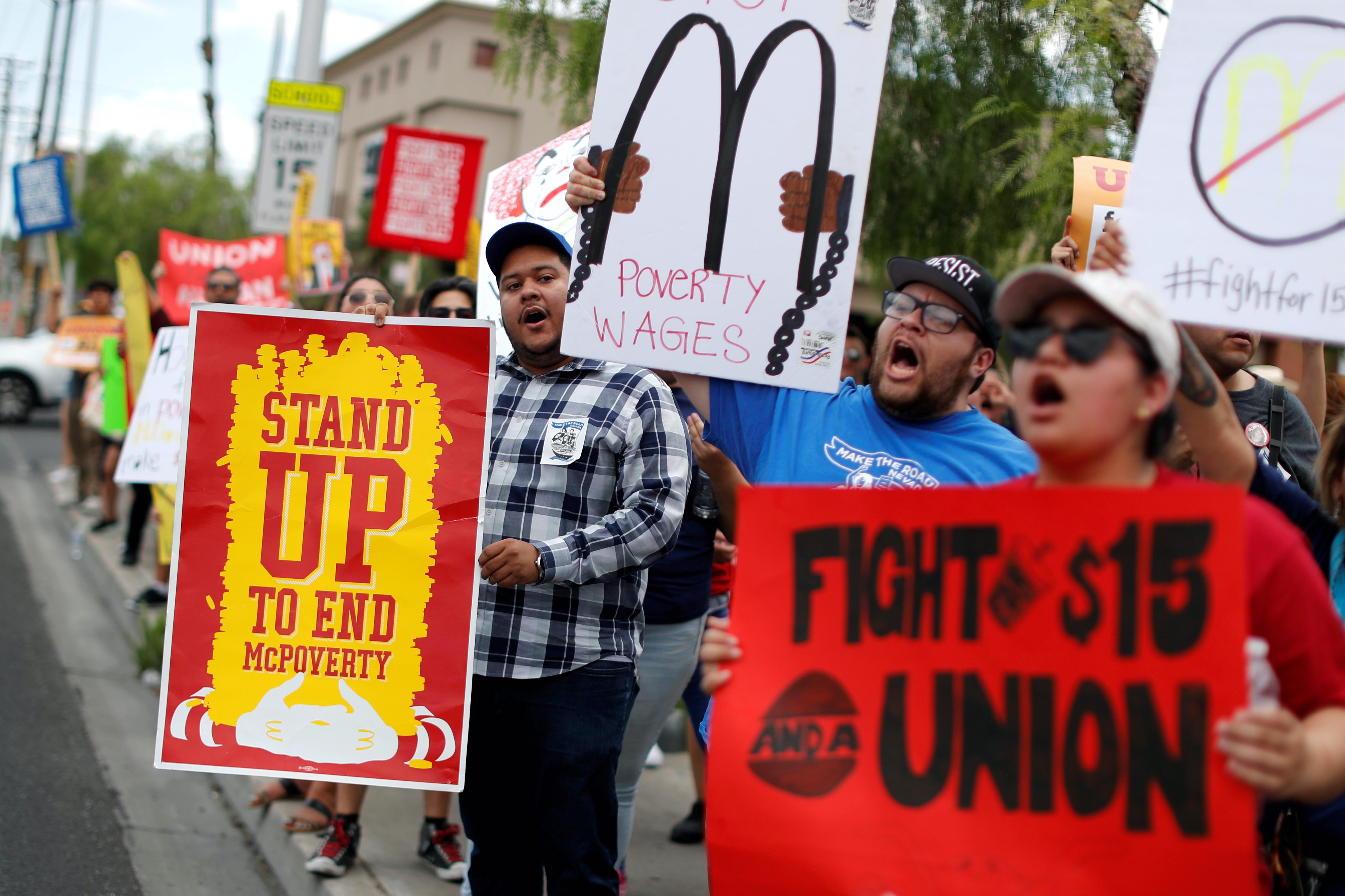 Striking McDonalds workers demanding a $15 minimum wage demonstrate in Las Vegas, Nevada United States