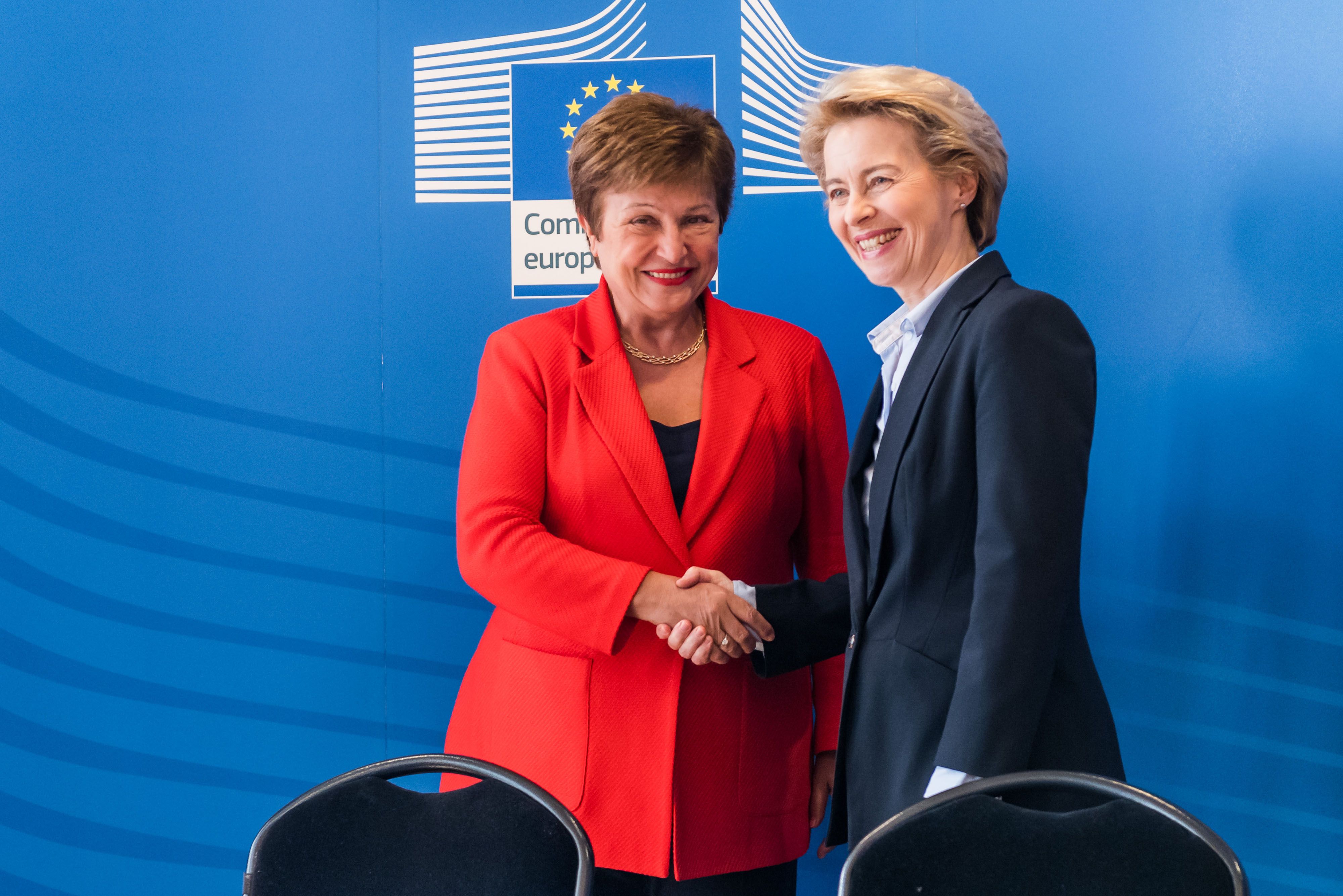 Kristalina Georgieva, managing director of the International Monetary Fund (left) and Ursula von der Leyen, president of the European Commission. Georgieva says the IMF has put in place quantitative targets to ensure countries focus recovery spending on health, education, social protection and empowering women after years of neglect