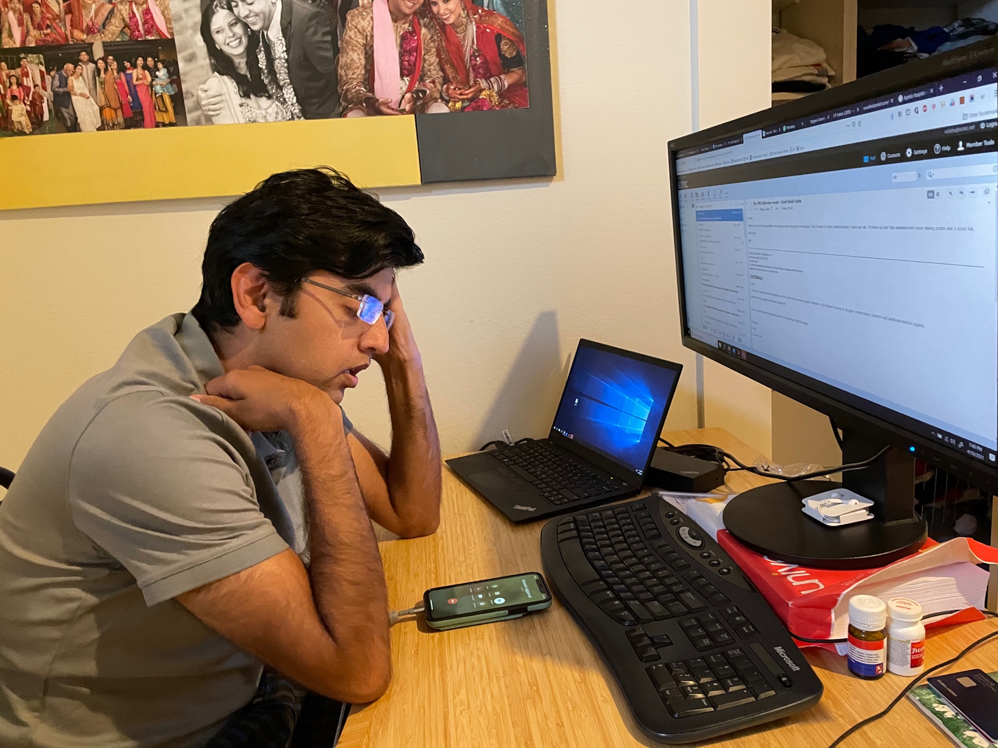 Rohit Mediratta coordinating medical aid to India from his home in Palo Alto, California [Courtesy of Kanika Thakar]