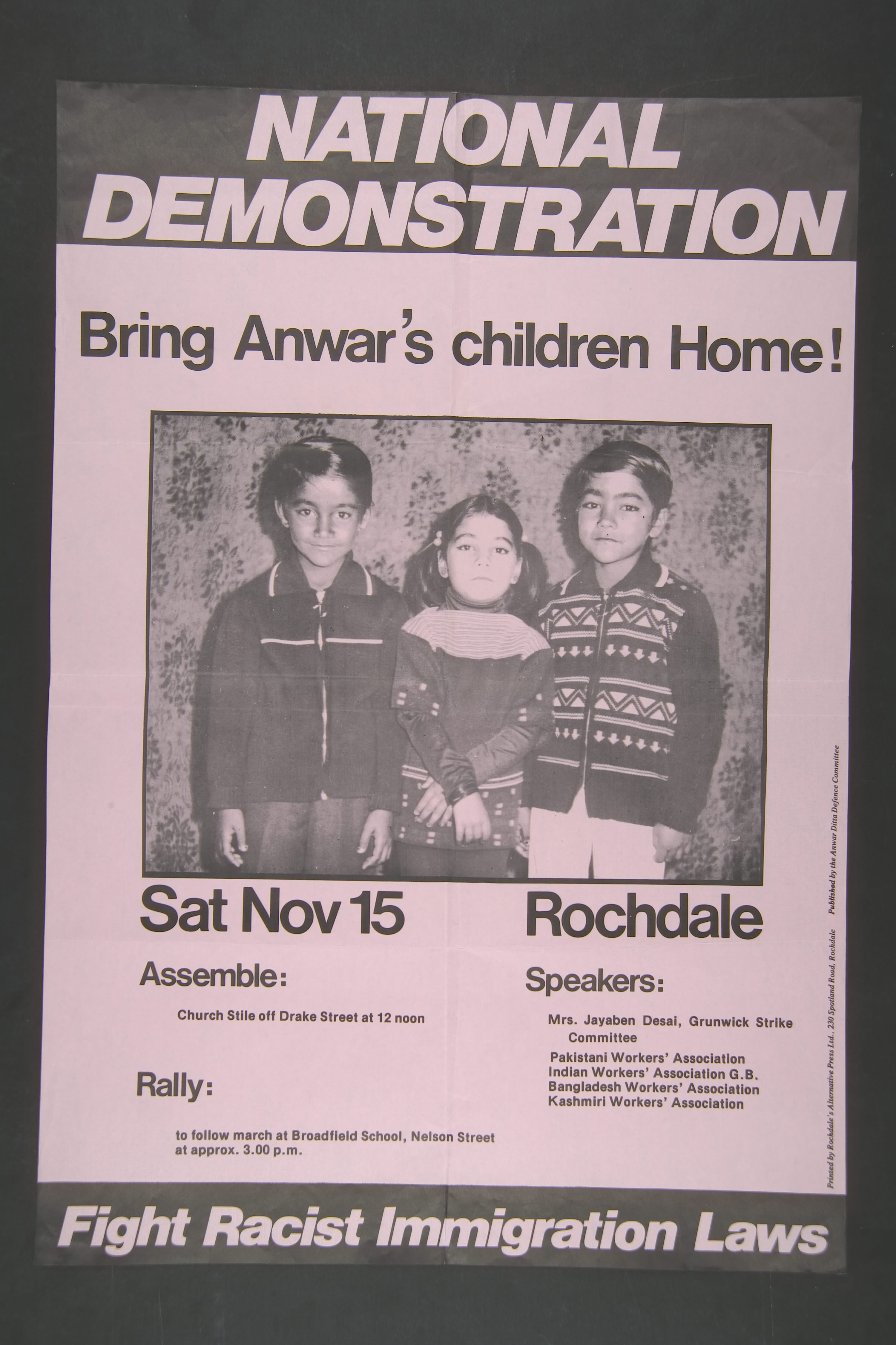 Publicity material to highlight a demonstration in support of Anwar Ditta’s campaign [Photo courtesy of Anwar Ditta]