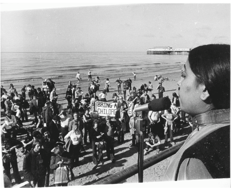 Anwar speaking at a picket in Blackpool in 1980, where the Labour Party’s annual conference was being held that year [Photo courtesy of Anwar Ditta]
