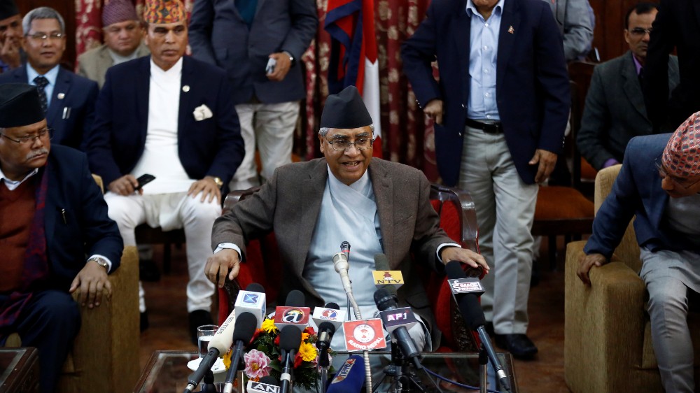 Sher Bahadur Deuba addressing reporters in Kathmandu