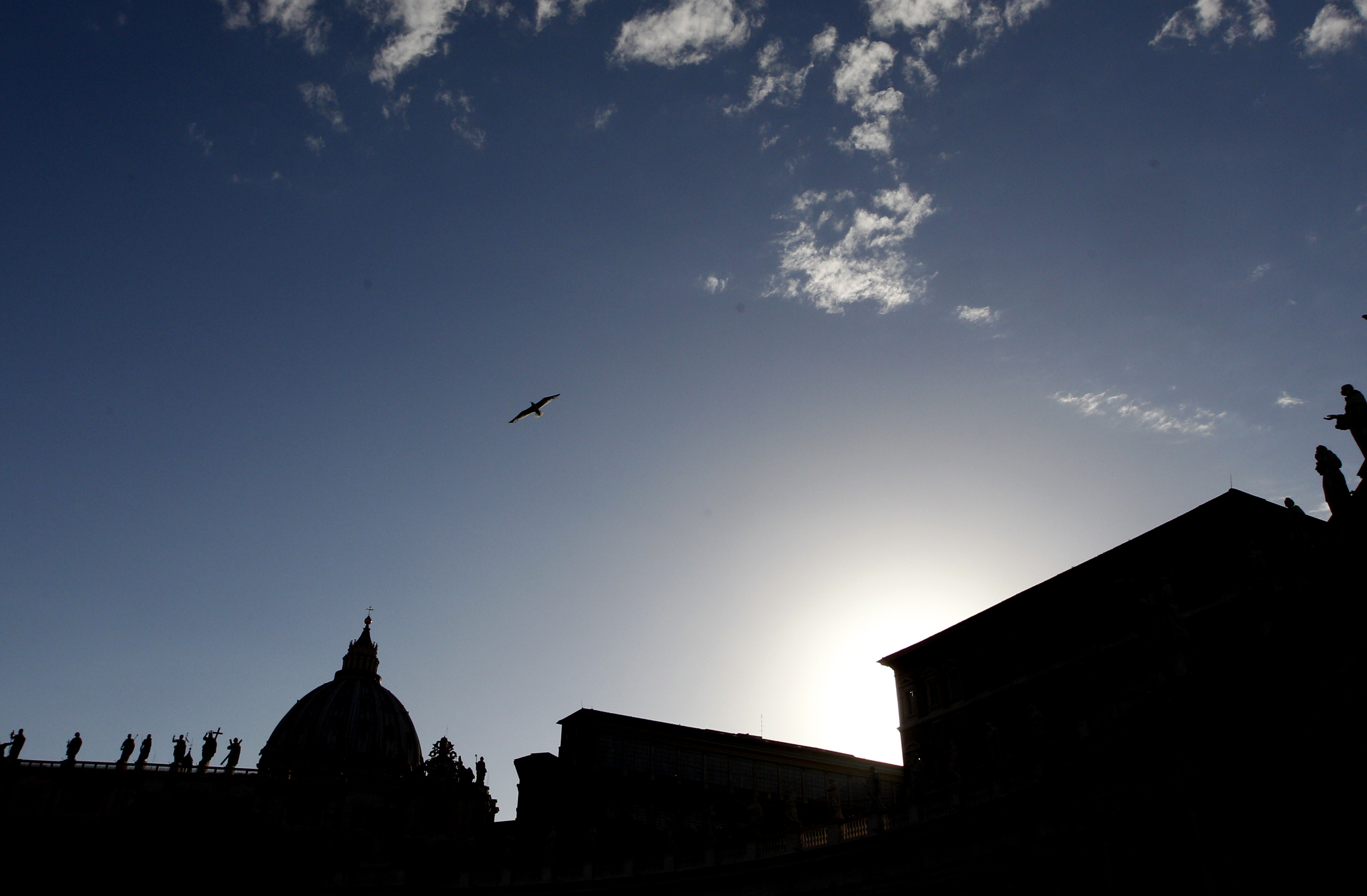 St. Peter’s Basilica is silhouetted at dusk, at the Vatican