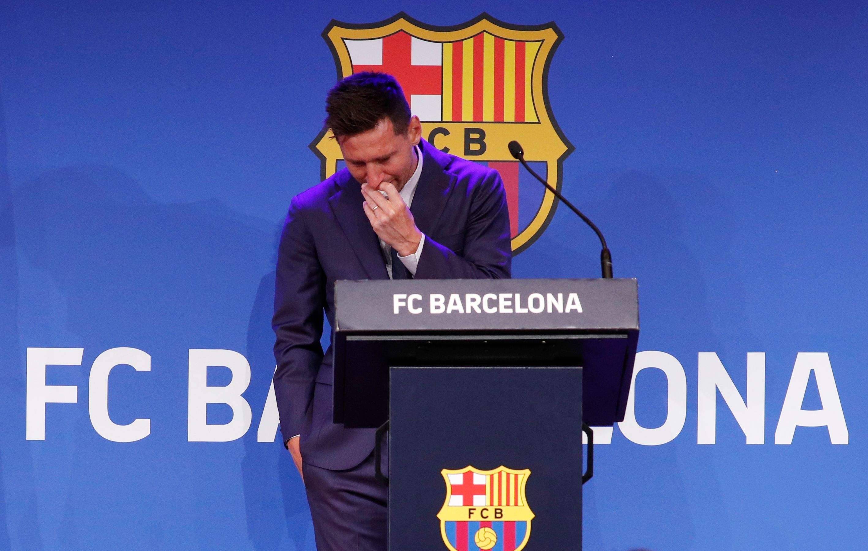 Soccer Football - Lionel Messi holds an FC Barcelona press conference - 1899 Auditorium, Camp Nou, Barcelona, Spain - August 8, 2021 Lionel Messi during the press conference REUTERS/Albert Gea