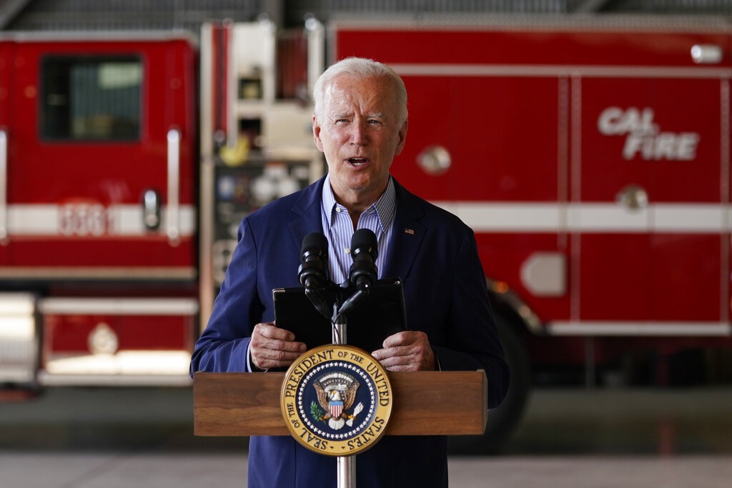 President Joe Biden speaks about recent wildfires, at Sacramento Mather Airport, on Monday