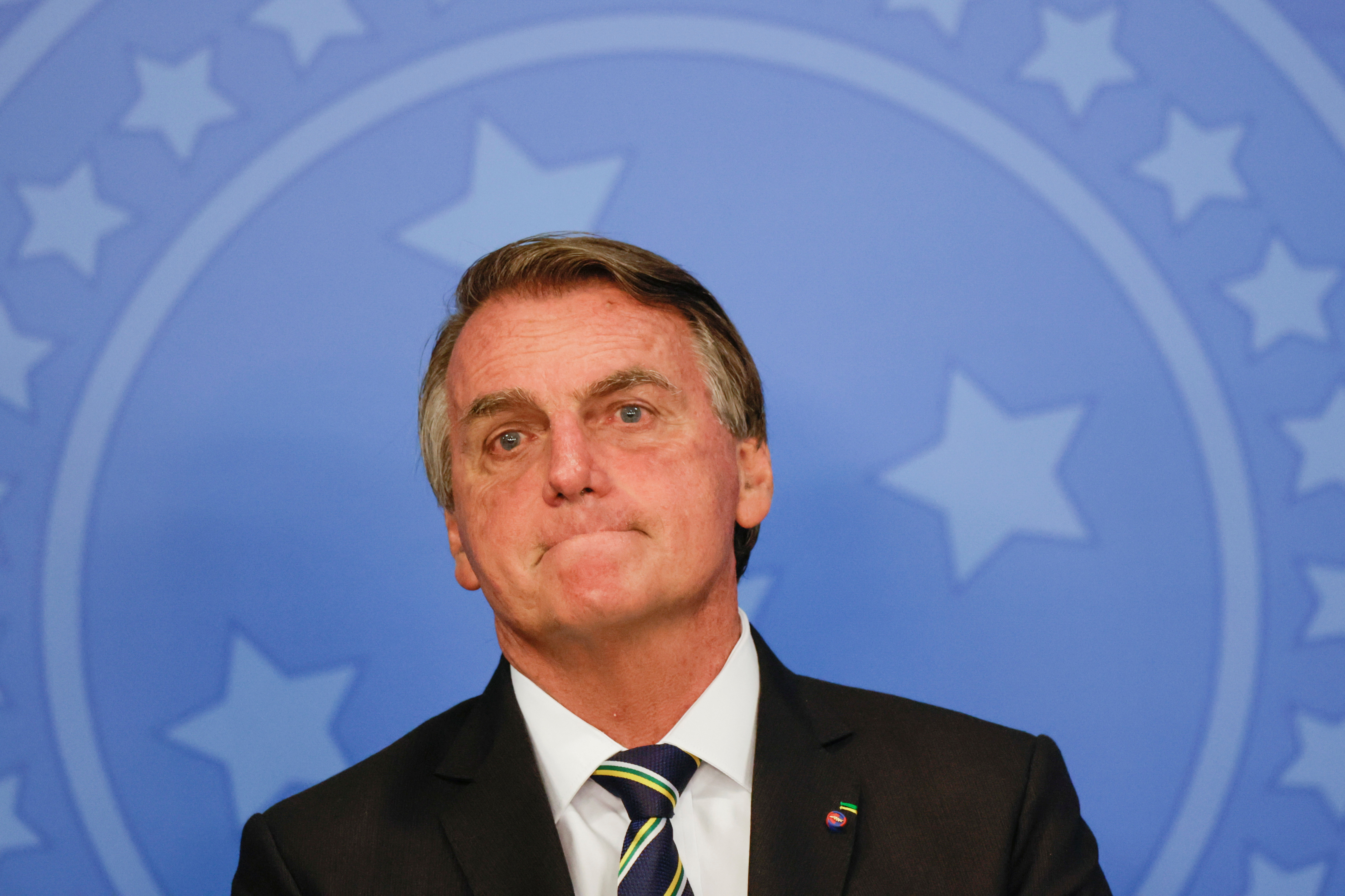 Brazil's President Jair Bolsonaro reacts during a ceremonyin Brasilia, Brazil October 20, 2021.
