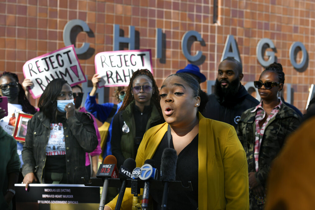 Kina Collins, who is running for the US House of Representatives, speaks during a rally to protest former Chicago Mayor Rahm Emanuel’s nomination as ambassador to Japan on October 19