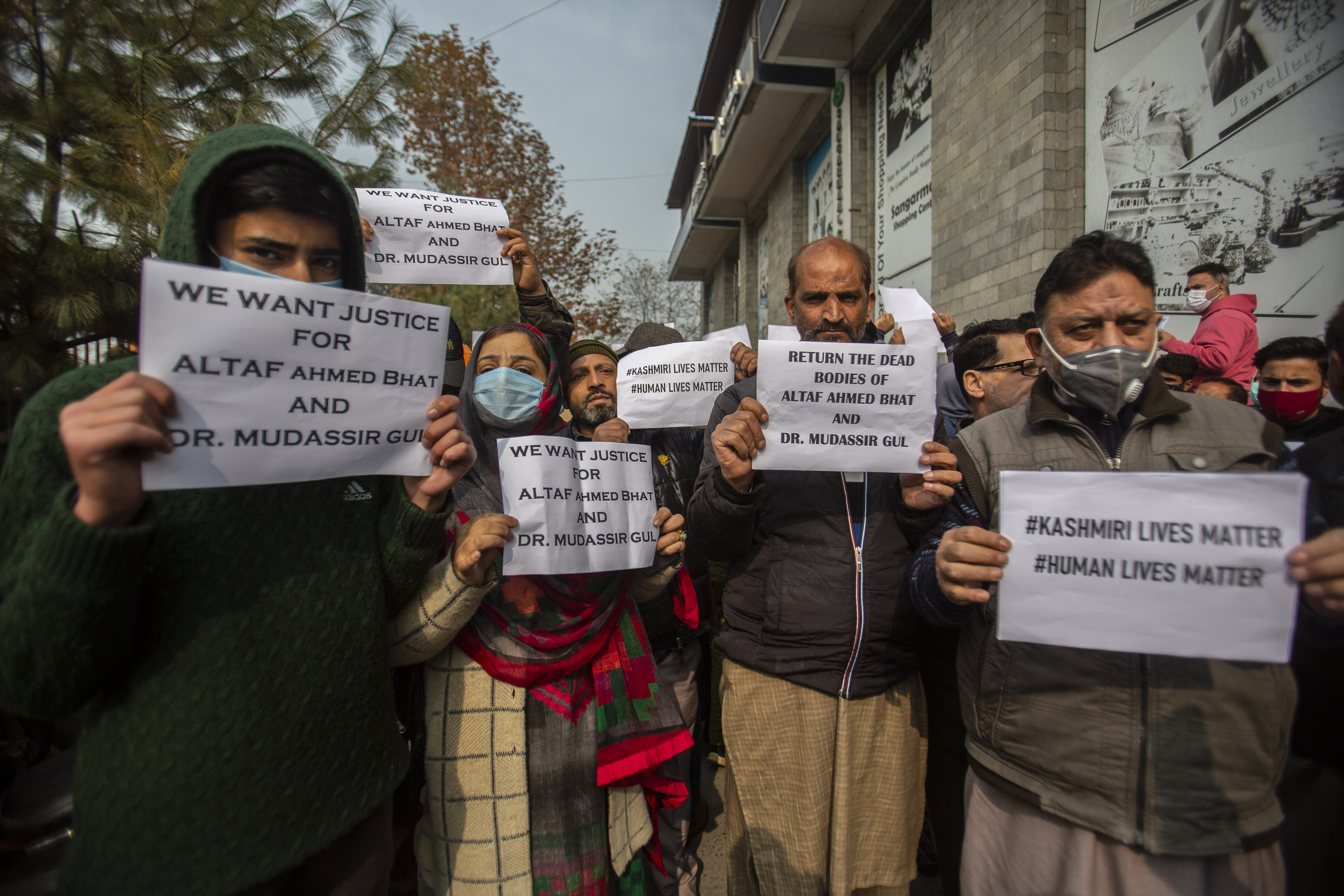 A protest in Kashmir demands the return of bodies of civilians for proper burial in Srinagar on November 18, 2021