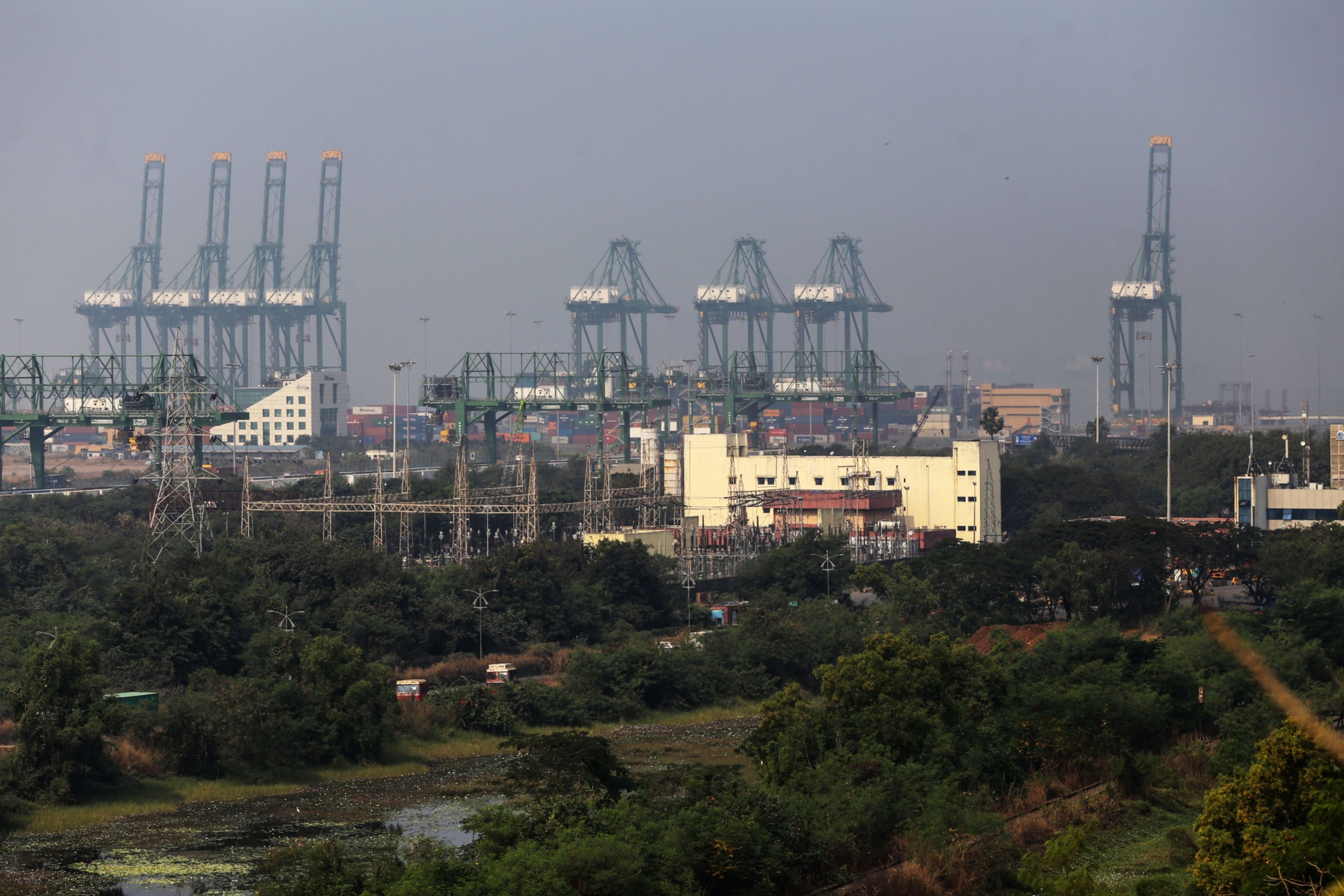 Gantry cranes at the Jawaharlal Nehru Port in Navi Mumbai, Maharashtra, India