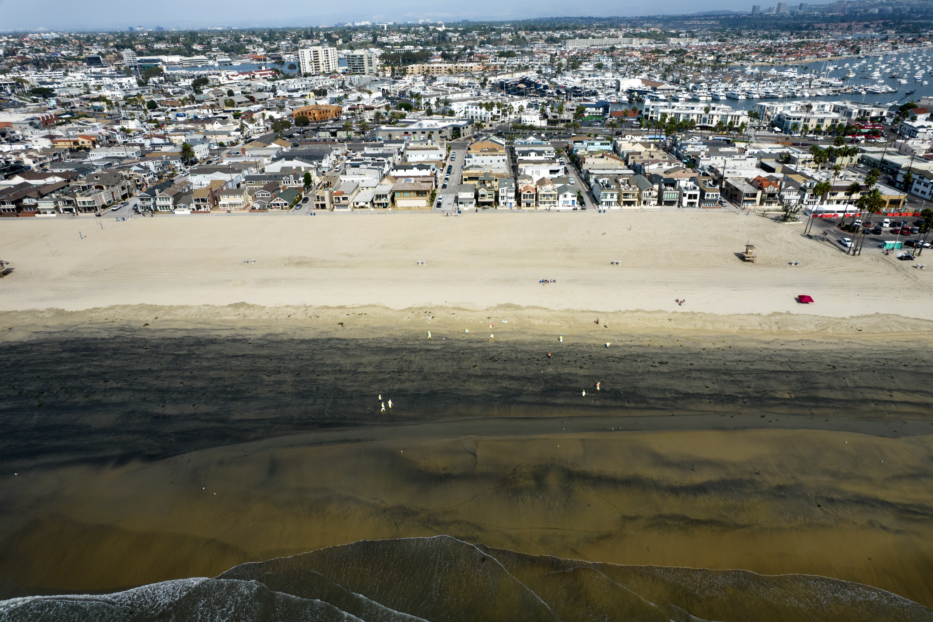An aerial view of the oil spill near Newport Beach, California