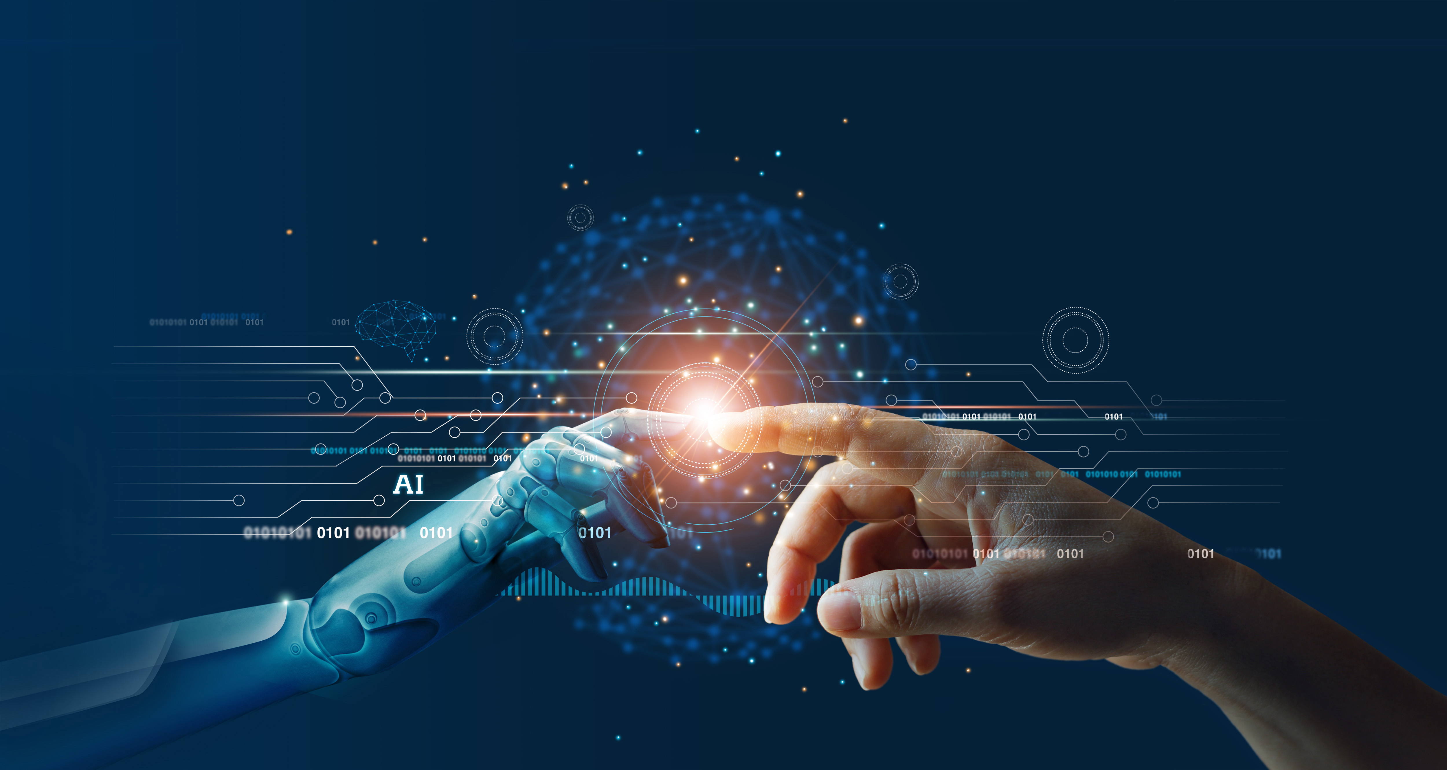 AI - hands of machine and human touching