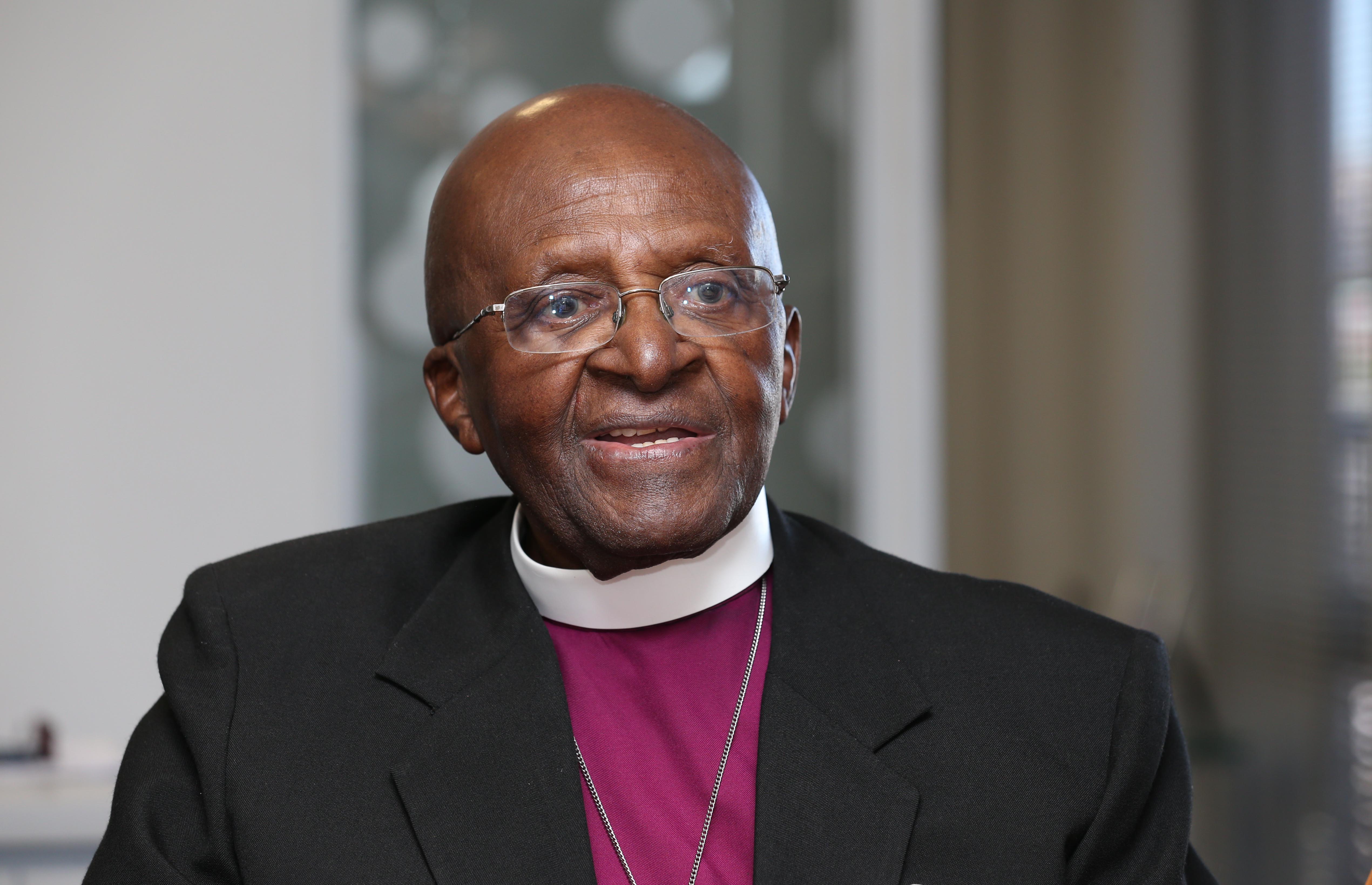 The Archbishop Emeritus Desmond Tutu at the offices of The Desmond & Leah Tutu Legacy Foundation during a visit with Prince Harry on the first day of his visit to South Africa